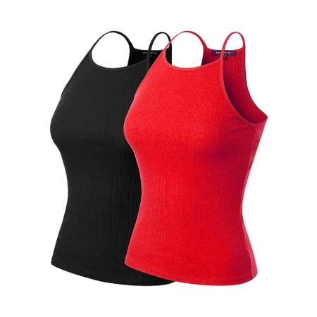 MixMatchy Women's 2-Pack Simple Casual Basic Active High Neck Ribbed Tank Top