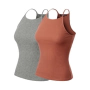 MixMatchy Women's 2-Pack Simple Casual Basic Active High Neck Ribbed Tank Top