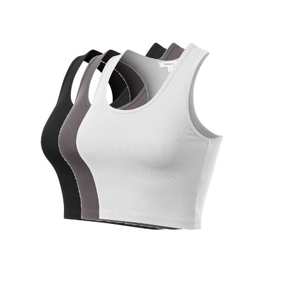 MixMatchy Women's 3-Pack Cotton Basic Sleeveless Racerback Sports Crop Tank Top