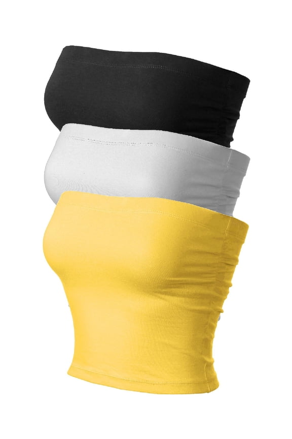 Women's 3-Pack Solid Casual Summer Side Shirring Scrunched Double Layered Tube Top