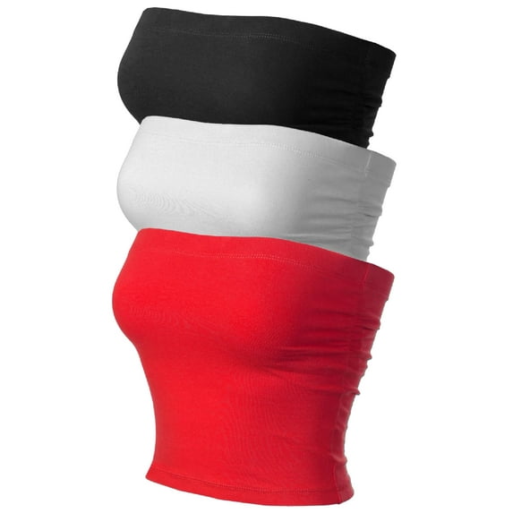 MixMatchy Women's 3-Pack Solid Casual Summer Side Shirring Scrunched Double Layered Tube Top