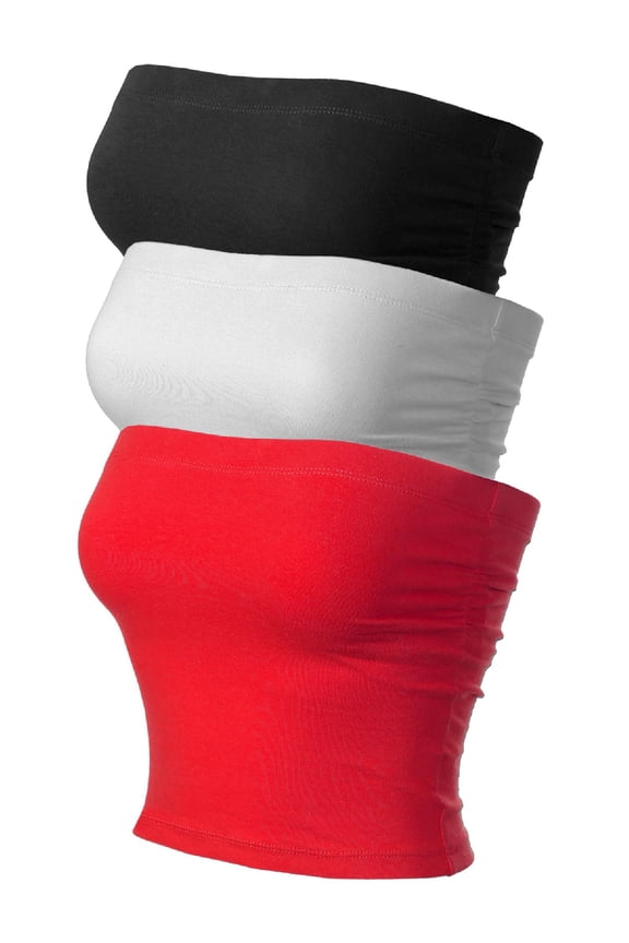 Women's 3-Pack Solid Casual Summer Side Shirring Scrunched Double Layered Tube Top