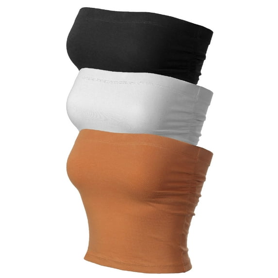 MixMatchy Women's 3-Pack Solid Casual Summer Side Shirring Scrunched Double Layered Tube Top