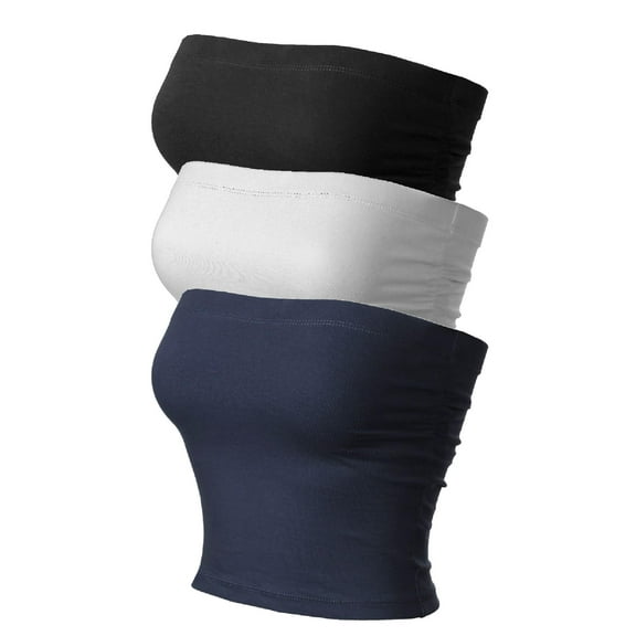 MixMatchy Women's 3-Pack Solid Casual Summer Side Shirring Scrunched Double Layered Tube Top