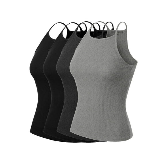 MixMatchy Women's 4-Pack Simple Casual Basic Active High Neck Ribbed Tank Top