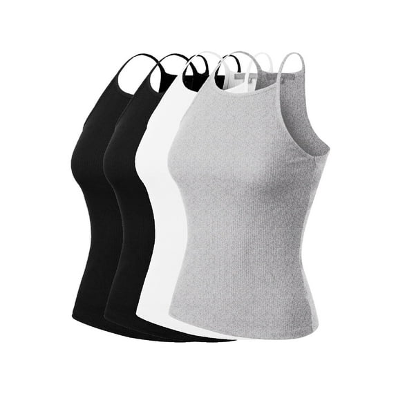 MixMatchy Women's 4-Pack Simple Casual Basic Active High Neck Ribbed Tank Top