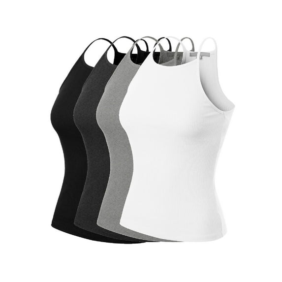 MixMatchy Women's 4-Pack Simple Casual Basic Active High Neck Ribbed Tank Top