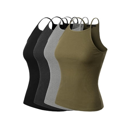 MixMatchy Women's 4-Pack Simple Casual Basic Active High Neck Ribbed Tank Top