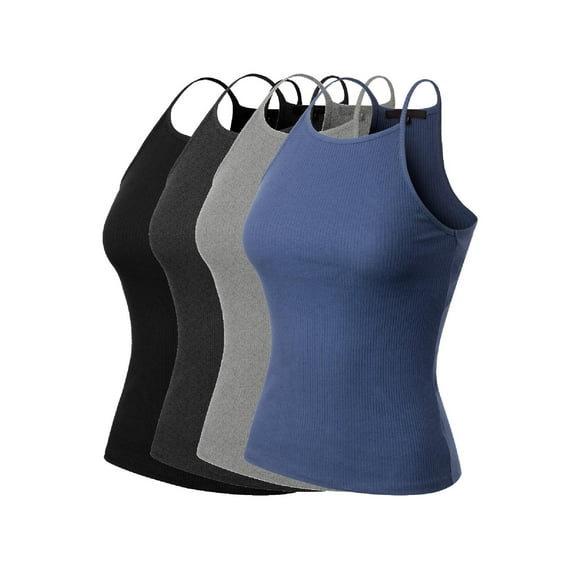 MixMatchy Women's 4-Pack Simple Casual Basic Active High Neck Ribbed Tank Top