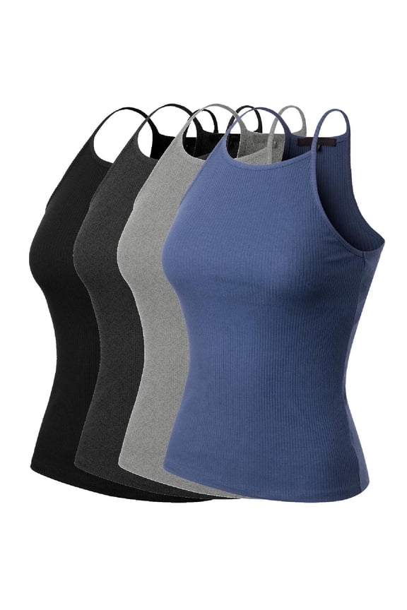 Women's 4-Pack Simple Casual Basic Active High Neck Ribbed Tank Top