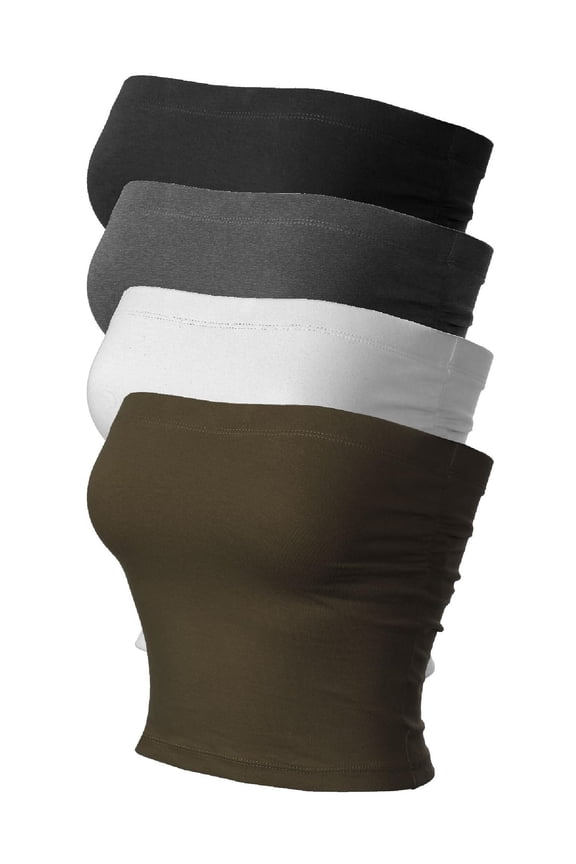 Women's 4-Pack Solid Casual Summer Side Shirring Scrunched Double Layered Tube Top