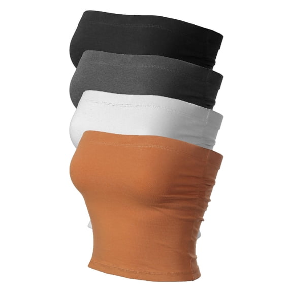 MixMatchy Women's 4-Pack Solid Casual Summer Side Shirring Scrunched Double Layered Tube Top