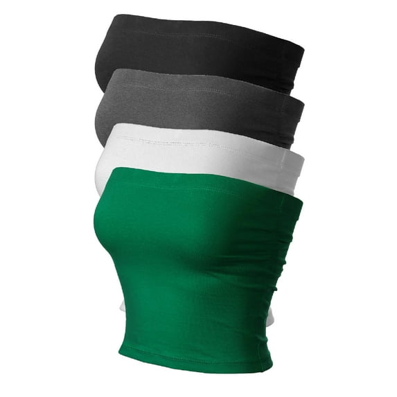 MixMatchy Women's 4-Pack Solid Casual Summer Side Shirring Scrunched Double Layered Tube Top