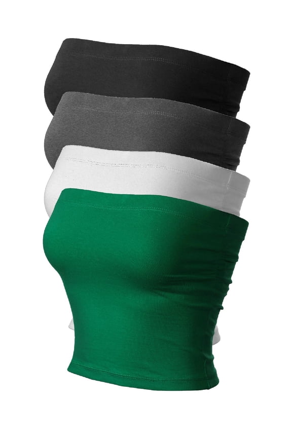 Women's 4-Pack Solid Casual Summer Side Shirring Scrunched Double Layered Tube Top