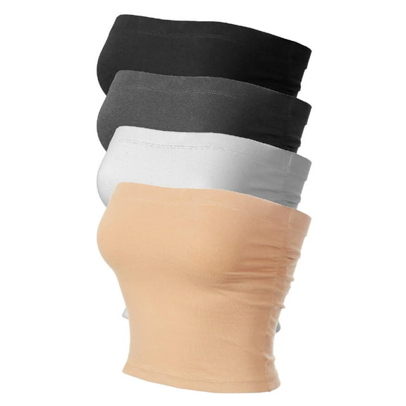 MixMatchy Women's 4-Pack Solid Casual Summer Side Shirring Scrunched Double Layered Tube Top