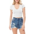 thumbnail image 1 of MixMatchy Women's Basic Ribbed Solid V-Neck Short Sleeve Crop Top, 1 of 6