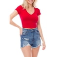 thumbnail image 1 of MixMatchy Women's Basic Ribbed Solid V-Neck Short Sleeve Crop Top, 1 of 6