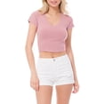thumbnail image 1 of MixMatchy Women's Basic Ribbed Solid V-Neck Short Sleeve Crop Top, 1 of 6