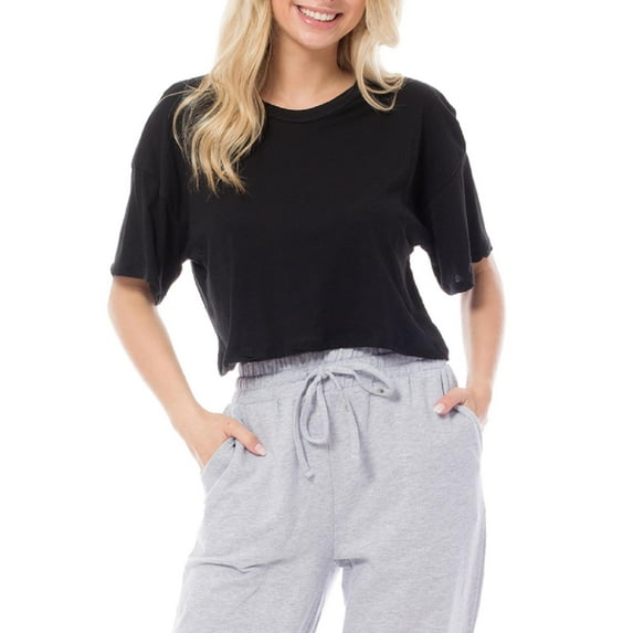 MixMatchy Women's Basic Solid Boxy Short Sleeve Crop Top