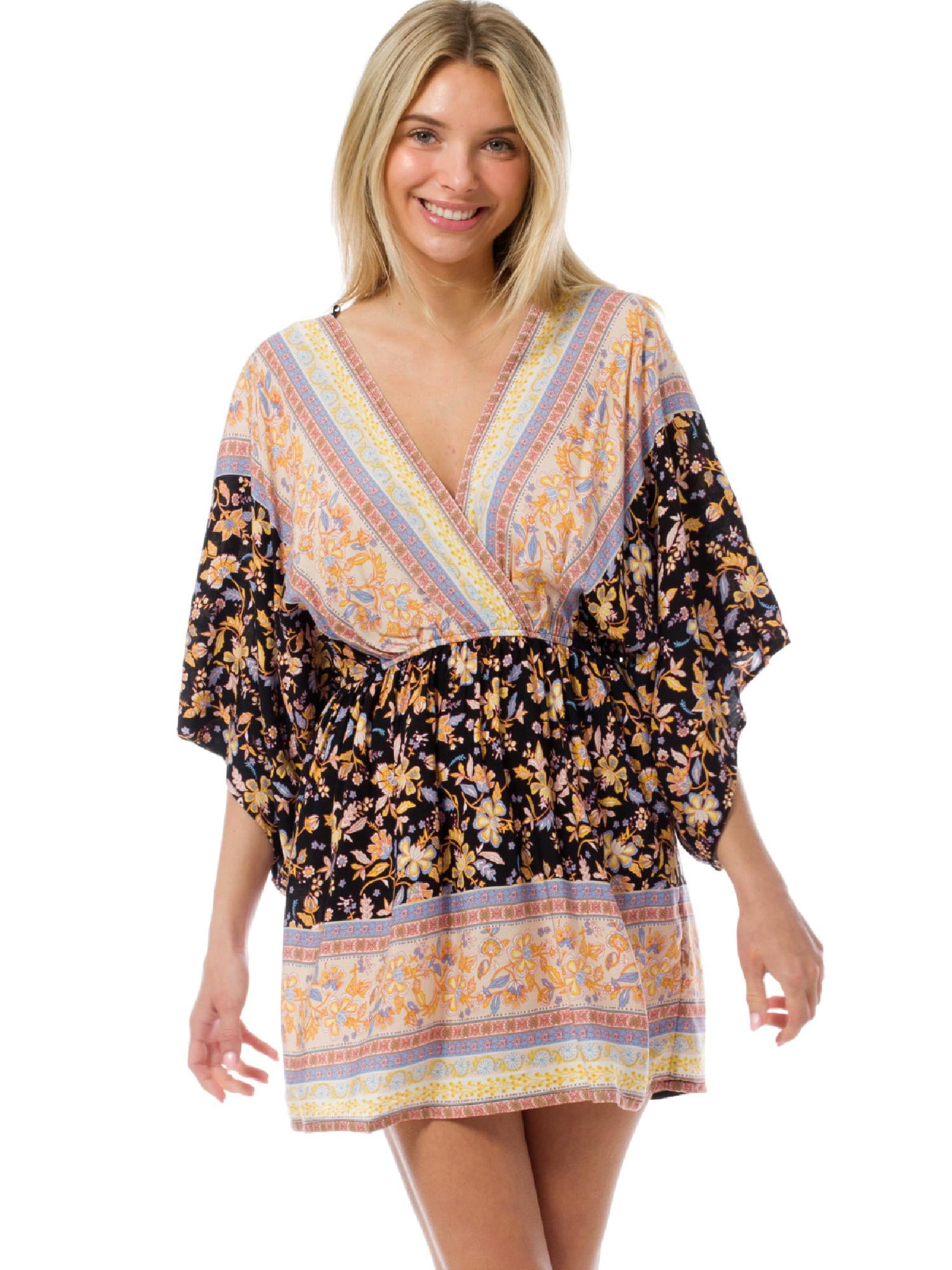 knee length dresses for ladies Umgee Abstract Print Kimono Sleeve Mini Dress Grey / S main image 1
