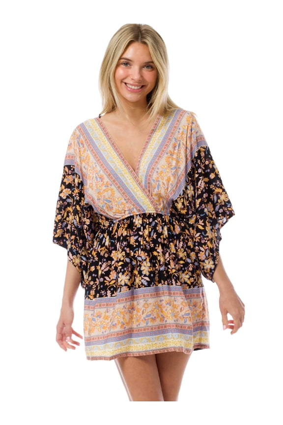 Women's Boho Floral Print Plunging Neck Kimono Sleeve Summer Mini Dress