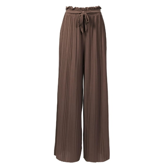 MixMatchy Women's Breathable Chiffon Fabric Loose Pleated Wide Leg Palazzo Pants with Ribbon Tie Elastic Band