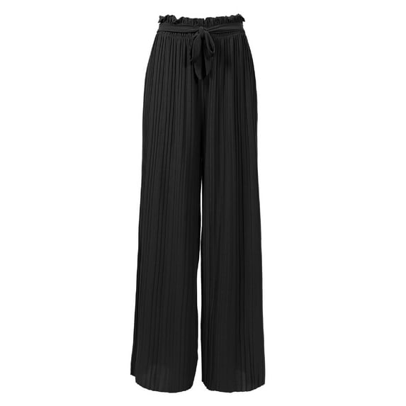 MixMatchy Women's Breathable Chiffon Fabric Loose Pleated Wide Leg Palazzo Pants with Ribbon Tie Elastic Band