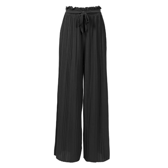 MixMatchy Women's Breathable Chiffon Fabric Loose Pleated Wide Leg Palazzo Pants with Ribbon Tie Elastic Band