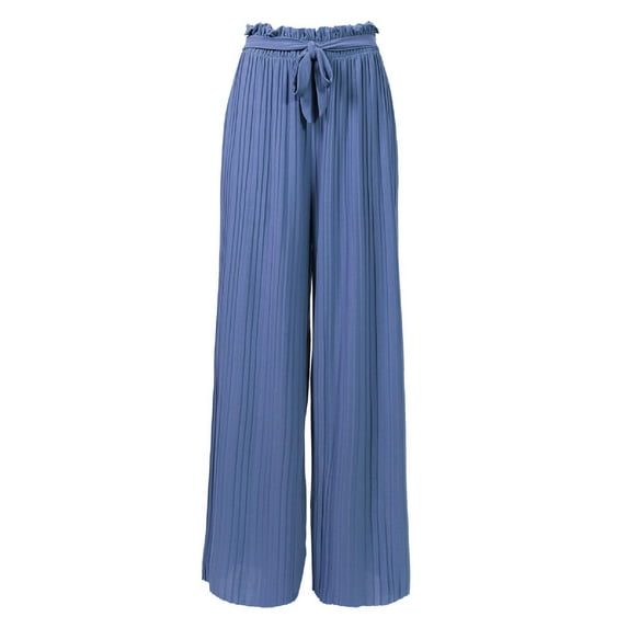 MixMatchy Women's Breathable Chiffon Fabric Loose Pleated Wide Leg Palazzo Pants with Ribbon Tie Elastic Band