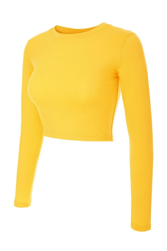 Women's Casual Long Sleeve Round Neck Fitted Crop Tee Top