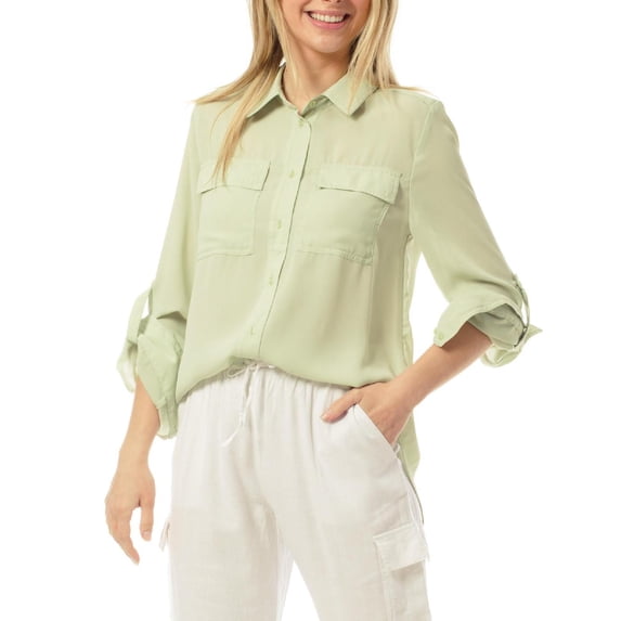 MixMatchy Women's Casual Roll Up Sleeve Button Down Shirt Collared Blouse Top
