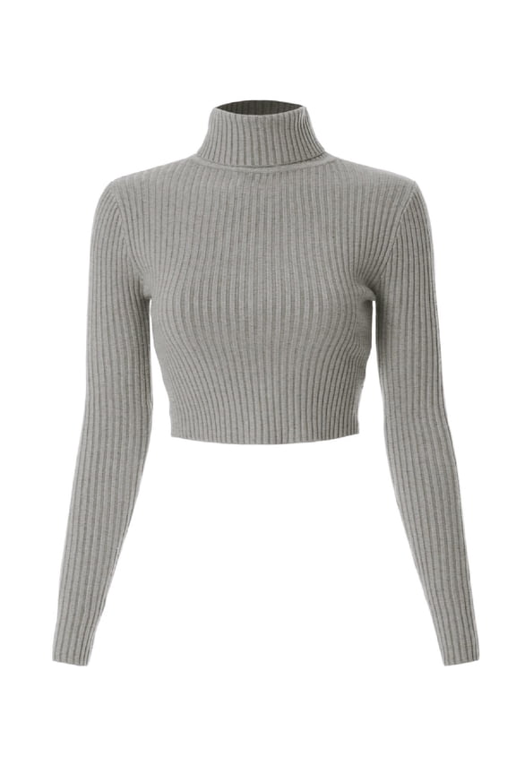 Women's Casual Solid Long Sleeve Ribbed Turtle Neck Cropped Sweater
