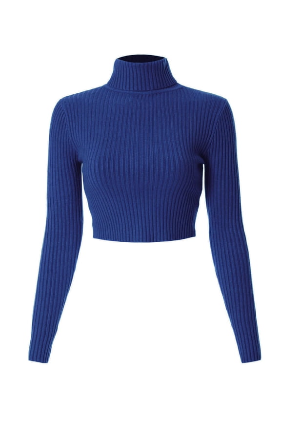 Women's Casual Solid Long Sleeve Ribbed Turtle Neck Cropped Sweater