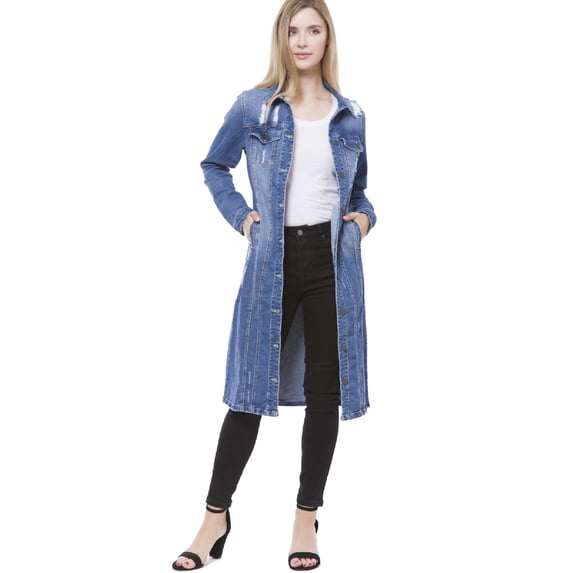 MixMatchy Women's Classic Distressed Long Denim Jacket Coat