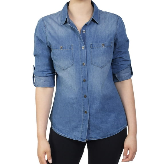 MixMatchy Women's Classic Roll Up Sleeve Button Down Chambray Denim Shirt