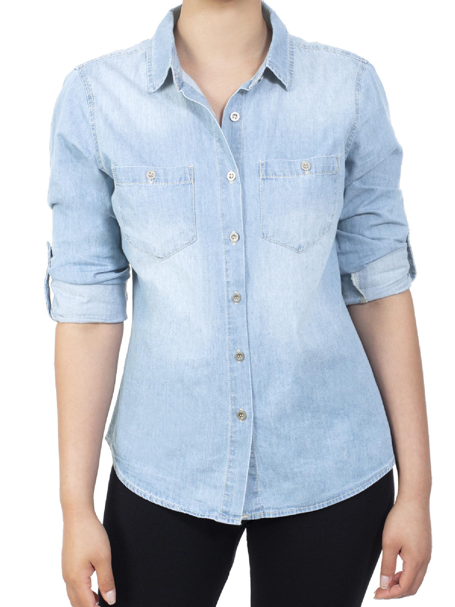 Women's Denim Shirt - Casual Long Sleeve Button Down Chambray Blouse With Roll-Up Sleeves & Pockets