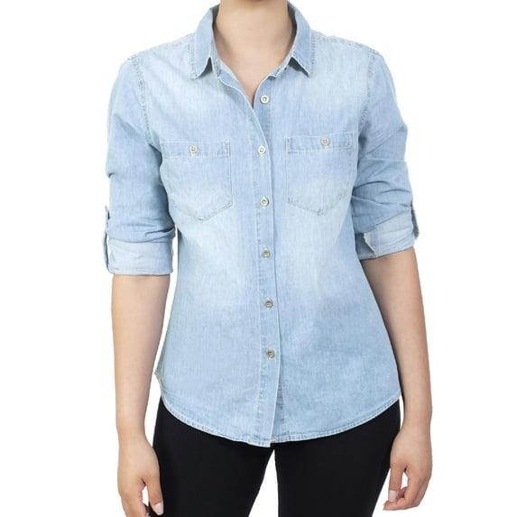 MixMatchy Women's Classic Roll Up Sleeve Button Down Chambray Denim Shirt