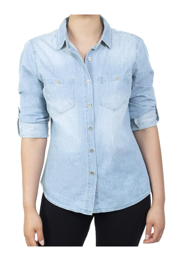 Women's Classic Roll Up Sleeve Button Down Chambray Denim Shirt
