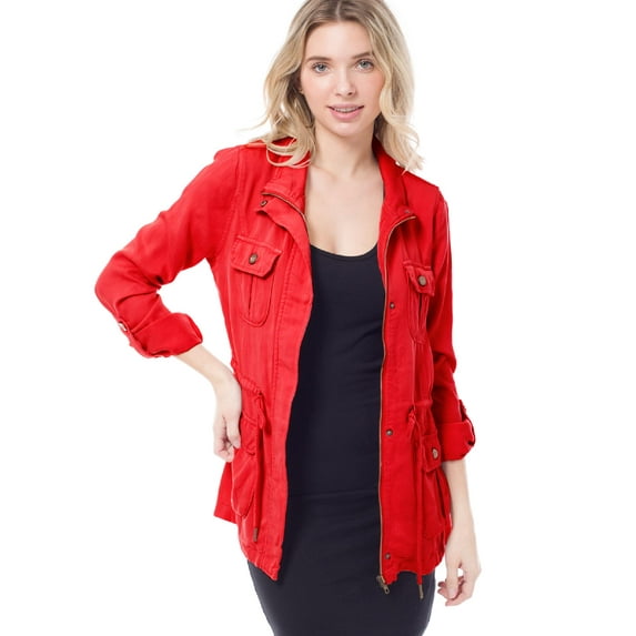 MixMatchy Women's Color Tencel Zip Up Snap Button Safari Military Anorak Utility Jacket with Pockets