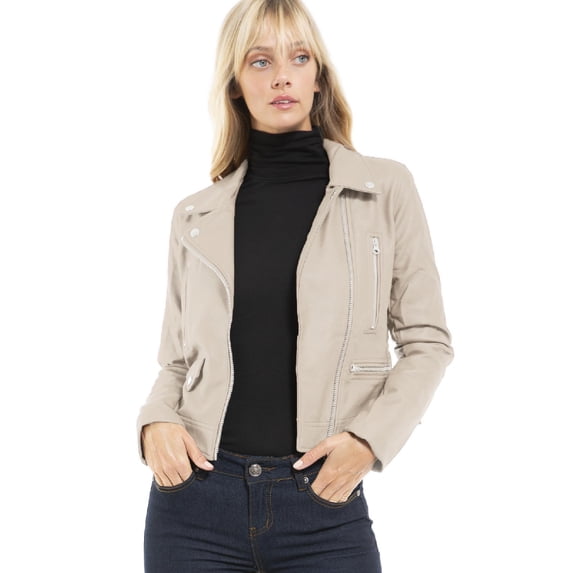MixMatchy Women's Faux Leather Long Sleeve Zipper Closure Moto Biker Short Coat Jacket