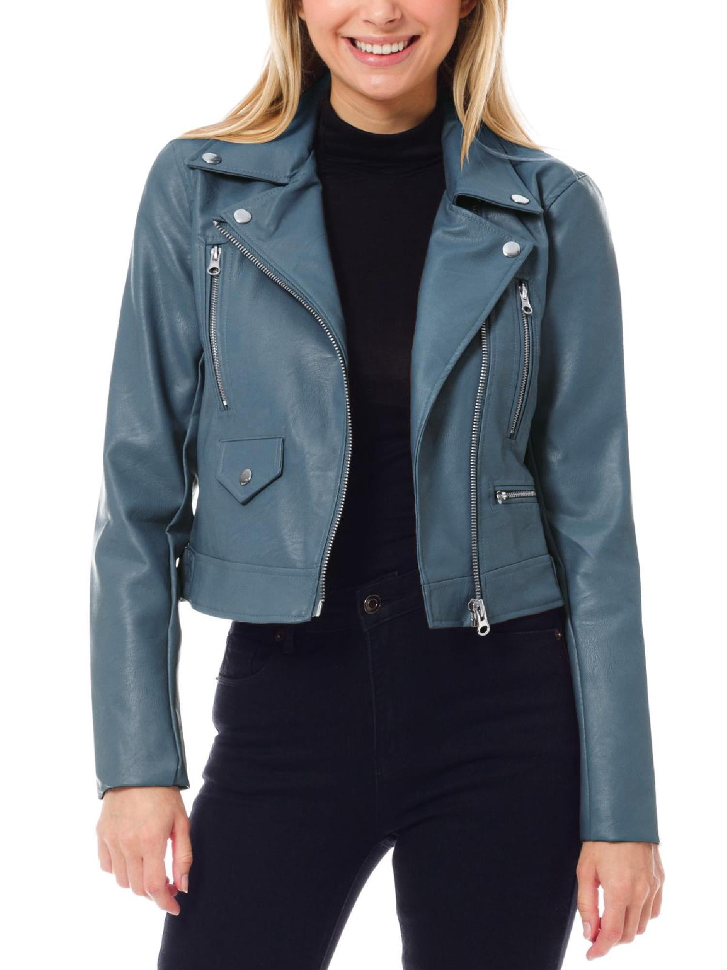 MixMatchy Women's Faux Leather Long Sleeve Zipper Closure Moto Biker Short Coat Jacket