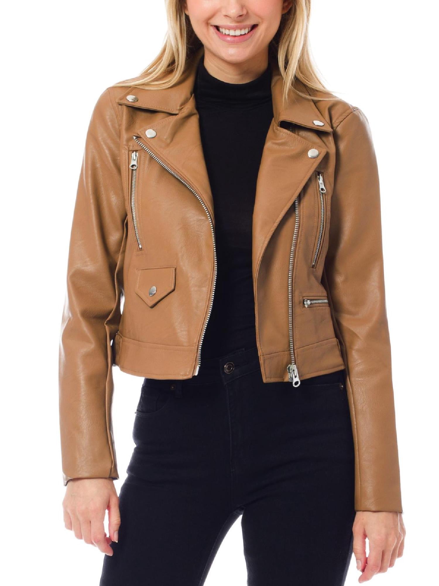 MixMatchy Women's Faux Leather Long Sleeve Zipper Closure Moto Biker Short Coat Jacket