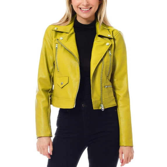 MixMatchy Women's Faux Leather Long Sleeve Zipper Closure Moto Biker Short Coat Jacket