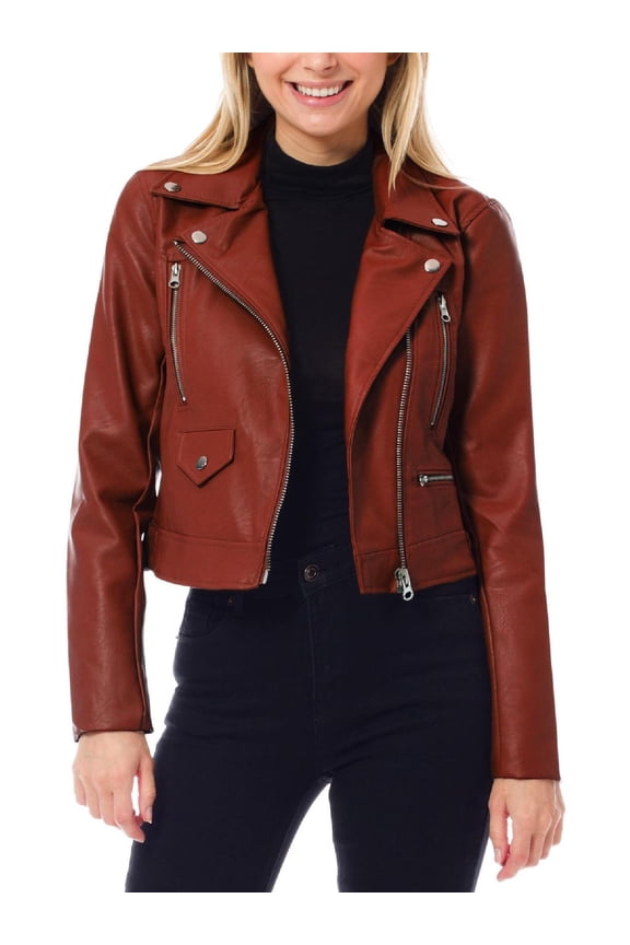 Women's Faux Leather Long Sleeve Zipper Closure Moto Biker Short Coat Jacket