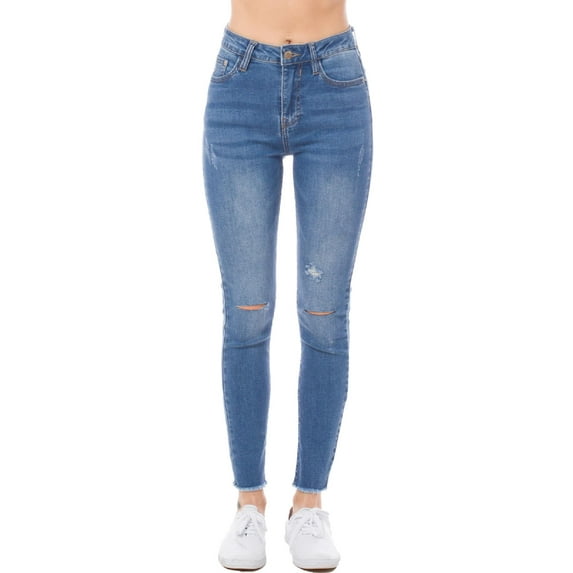 MixMatchy Women's Lightly Washed and Distressed High Rise Skinny Jeans with Distressed Ankle Hem