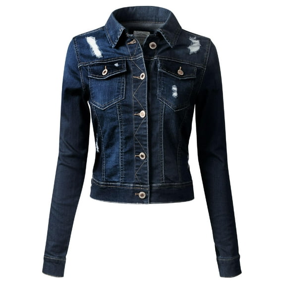 MixMatchy Women's Long Sleeve Crop Top Button Up Comfort Stretch Denim Jacket