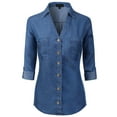 thumbnail image 1 of MixMatchy Women's Long Sleeve Denim V-Neck Tencel Button Down Shirt, 1 of 4