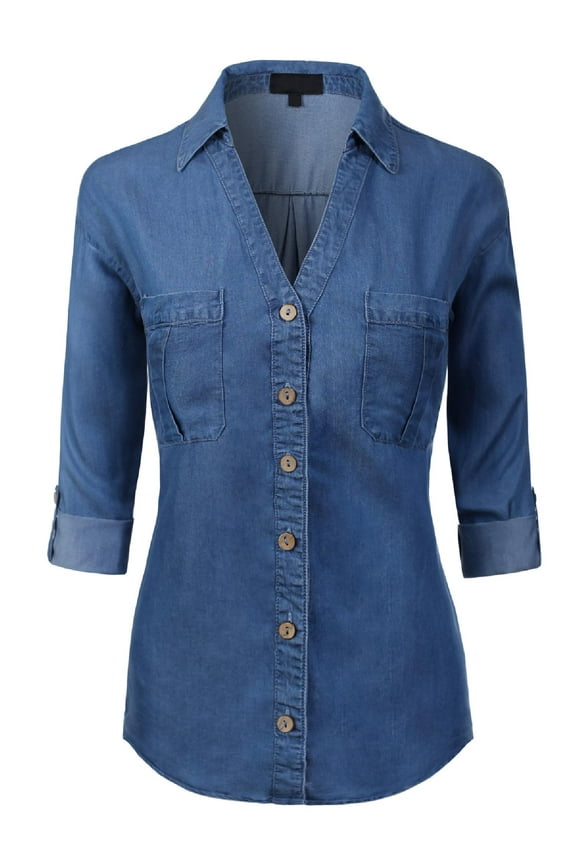 Women's Long Sleeve Denim V-Neck Tencel Button Down Shirt