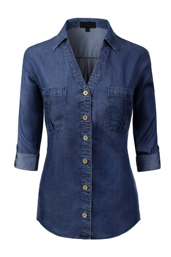 Women's Long Sleeve Denim V-Neck Tencel Button Down Shirt