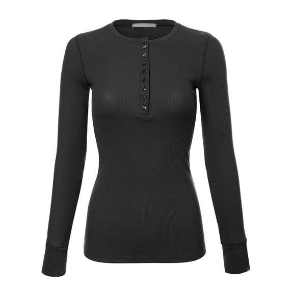 MixMatchy Women's Long Sleeve Eight Button Closure Henley Thermal Knit Top